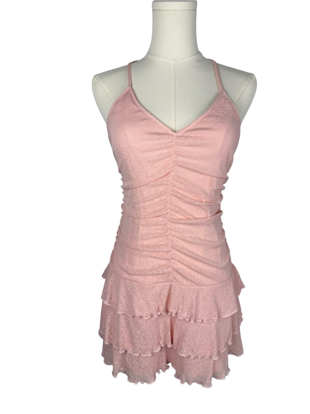 Blush Pink Ruched Ruffle Mini Dress